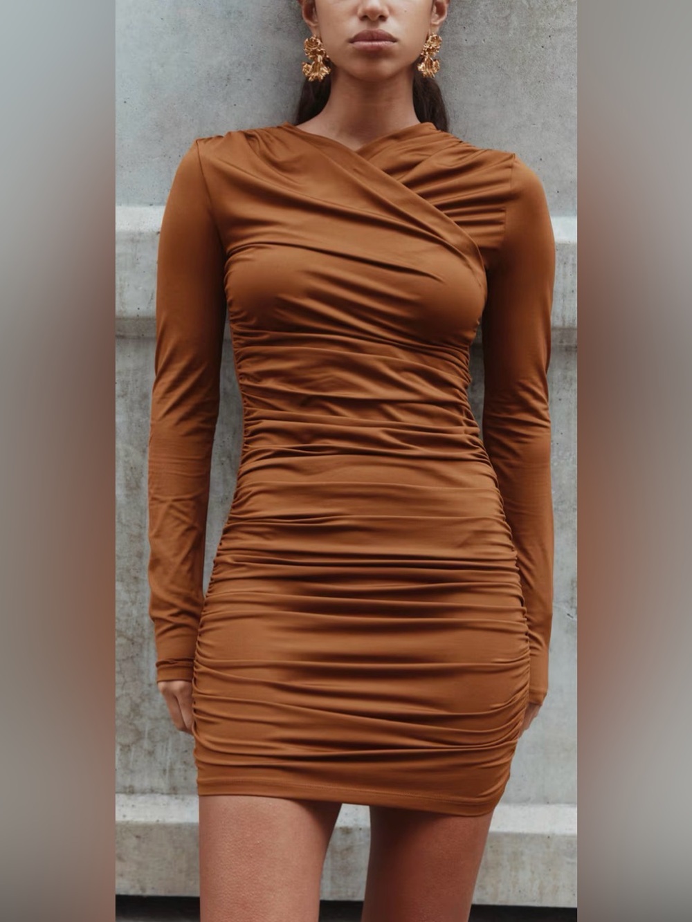 H&M Draped Ruched Long-Sleeve Dress in Camel Brown